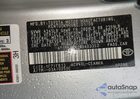 2009 Toyota Camry Le z USA, uszkodzony, nr VIN 4T1BE46K19U403352